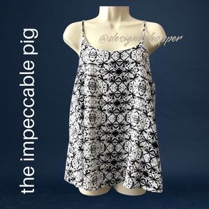 The Impeccable Pig White Black & Blue Starbursts Spaghetti Strap Lined Top Med